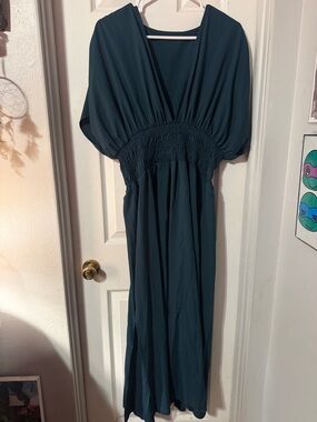 SHEIN Deep Teal V-Neck Maxi Dress with Gathered Waist